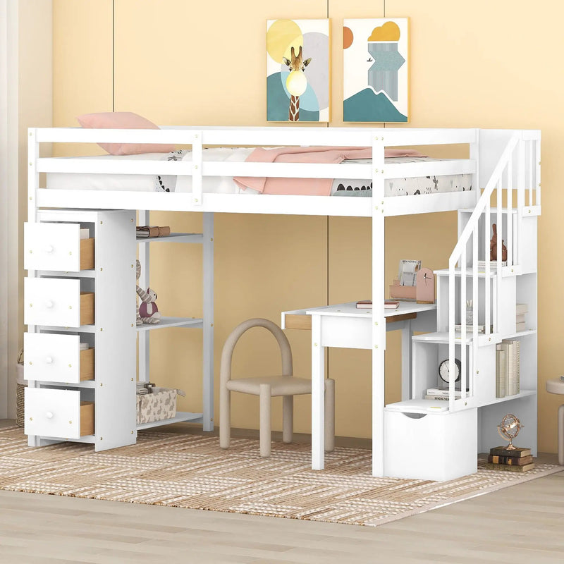 Loft Bed With Storage Drawers, Desk And Stairs With Shelves by HouseOfZazla