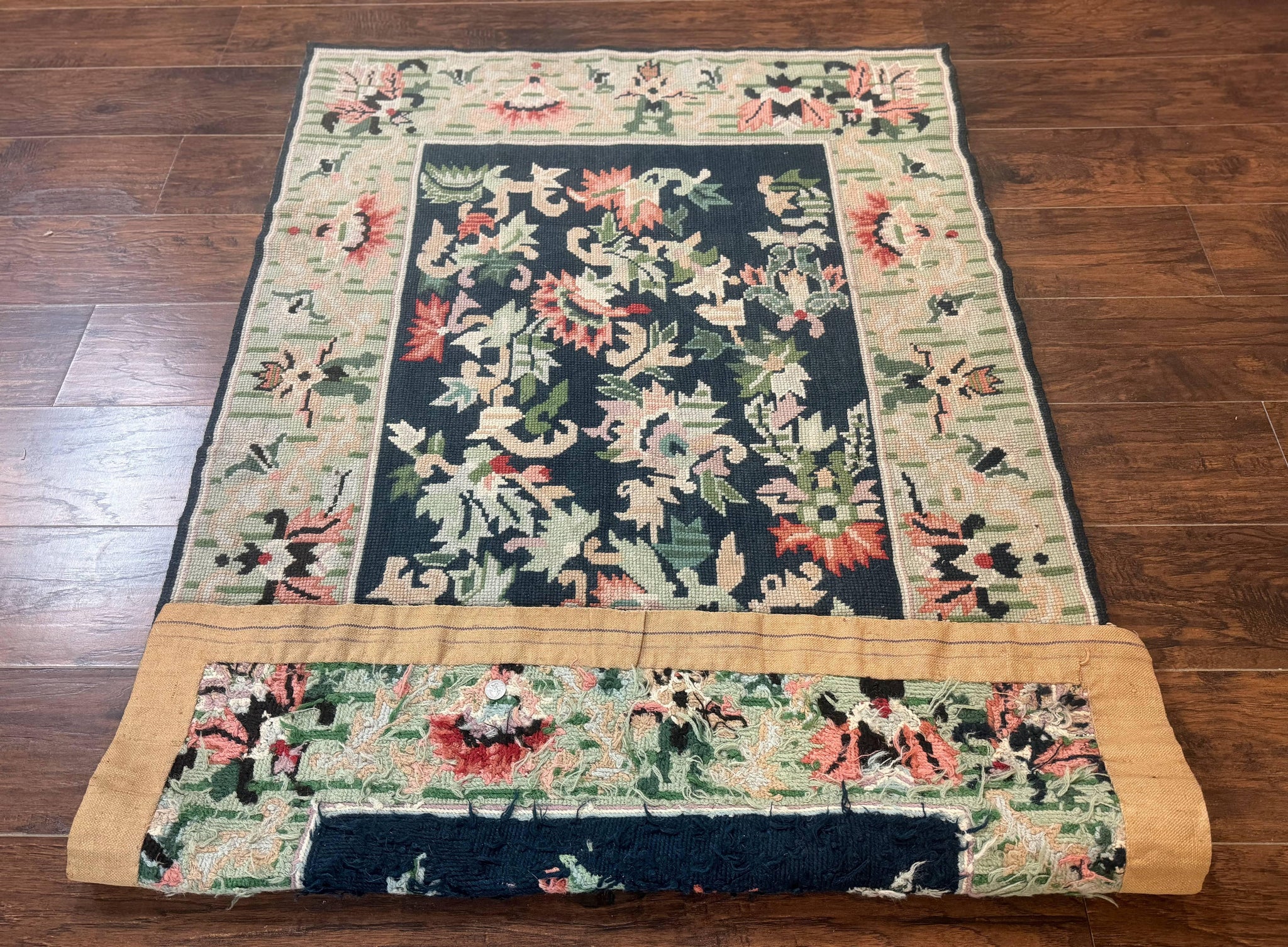 Vintage American Needlepoint Rug 4x6, Dark Green, Wool, Handmade, Flatweave Carpet by Jewel Rugs