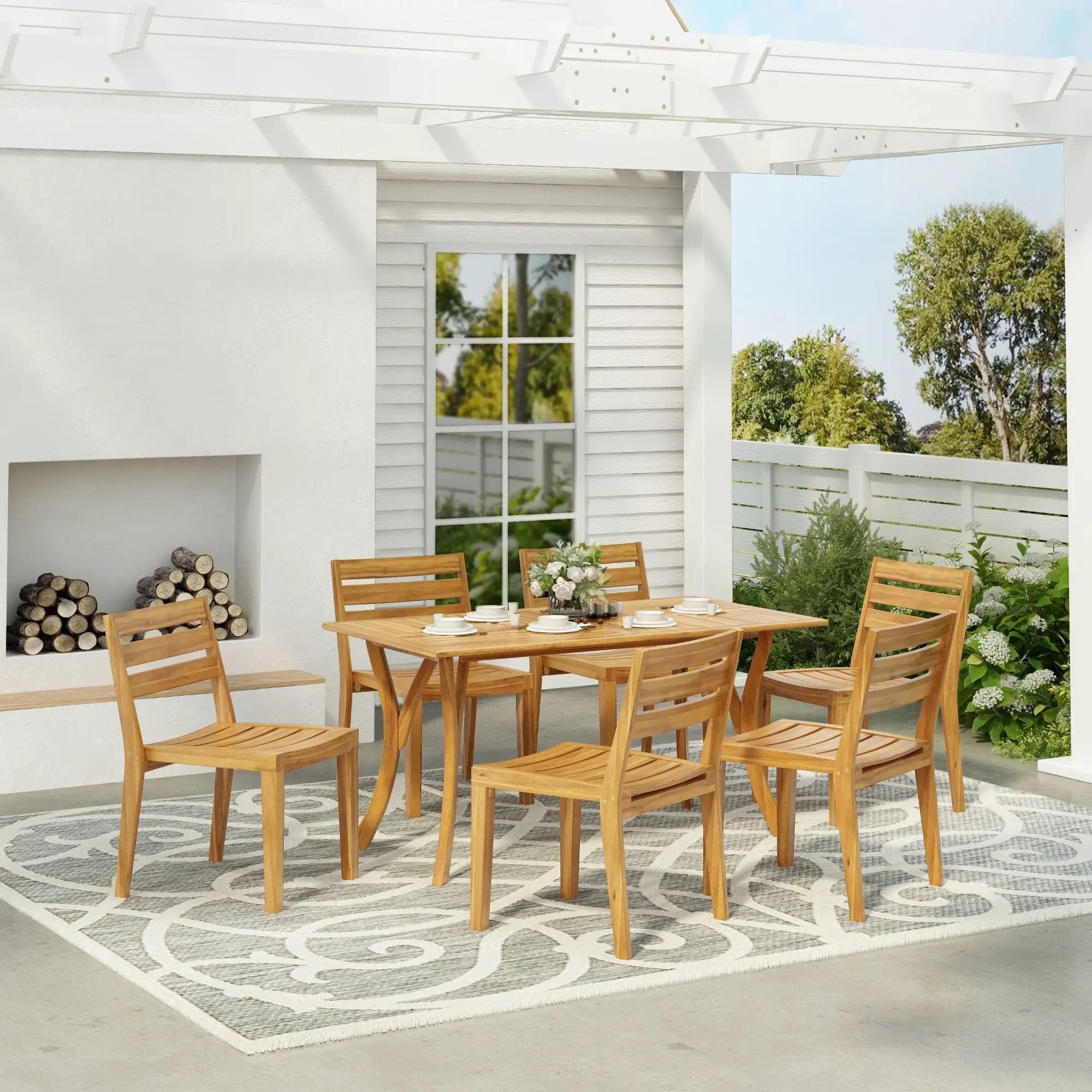Outdoor 7 Piece Dining Set With Rectangular Table - Teak by HouseOfZazla