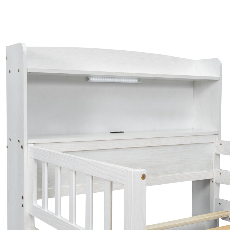 Platform Bed With LED Light, Multi Functional Headboard, Guardrail And 2 Drawers