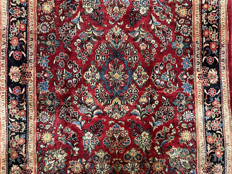 Persian Sarouk Rug 5x6, Hand Knotted Antique 1920s Sarouk, Red Navy Blue by Jewel Rugs