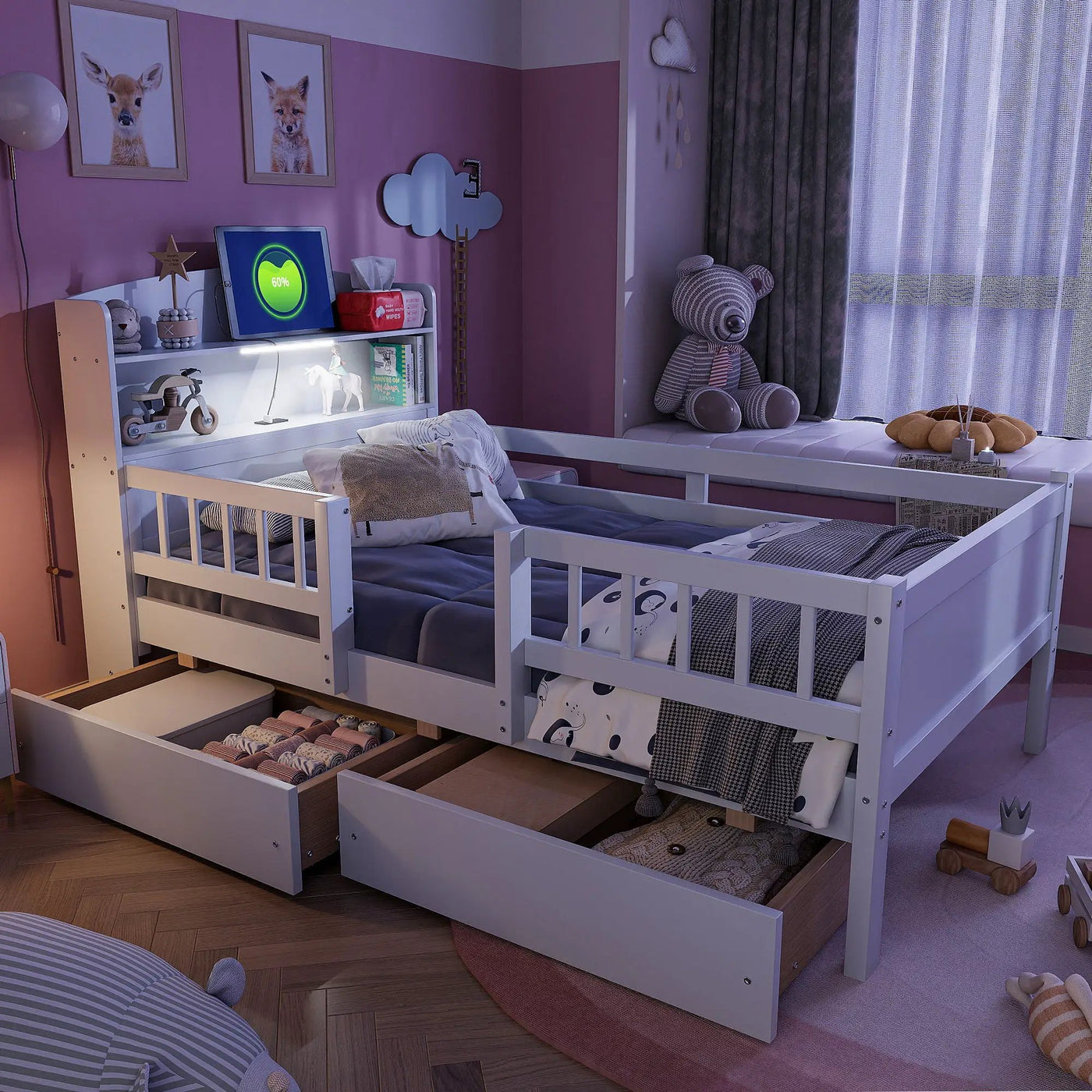 Platform Bed With LED Light, Multi Functional Headboard, Guardrail And 2 Drawers by HouseOfZazla