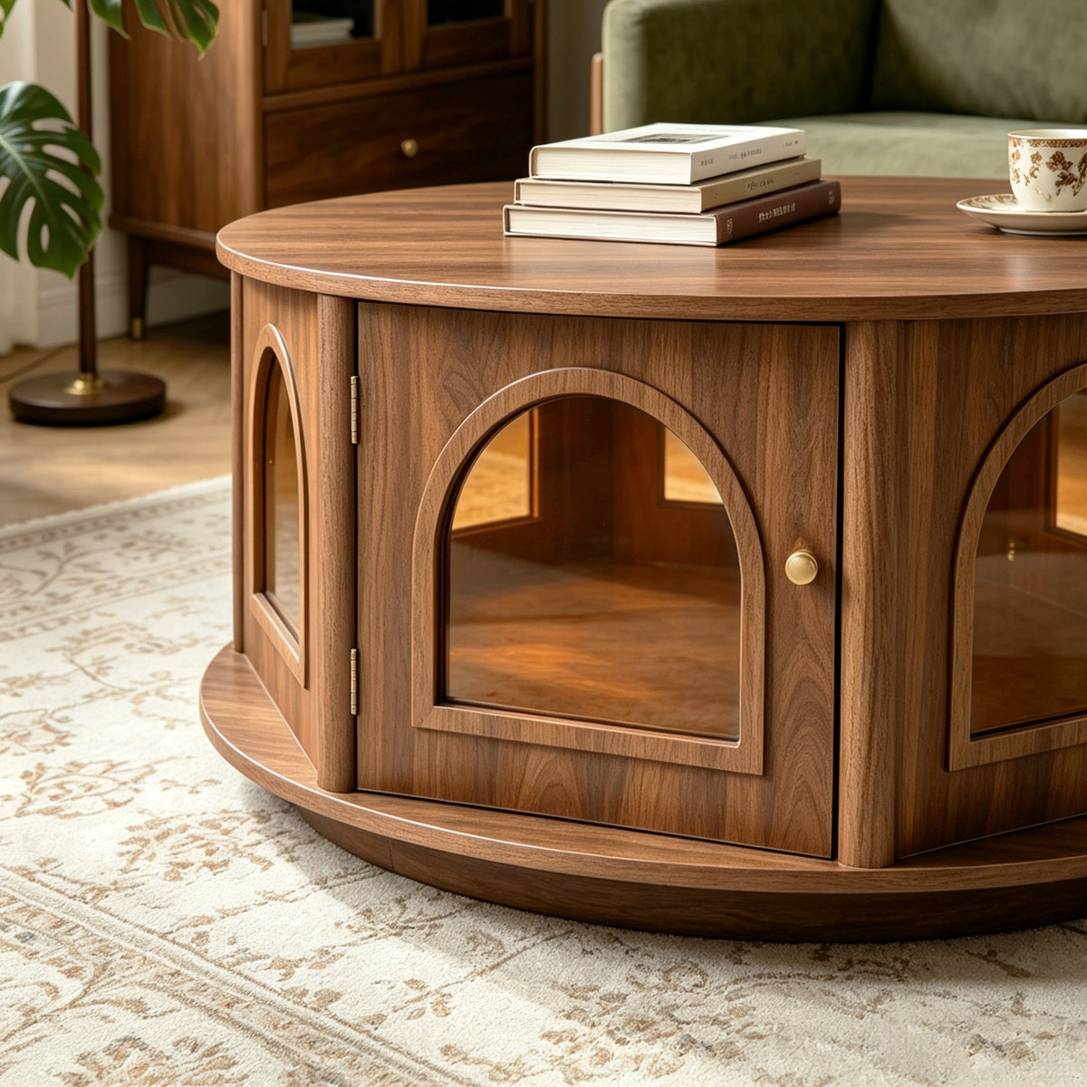 31.5" Round Coffee Table with Storage and Pet House - Dark Walnut, photo 6 of 8