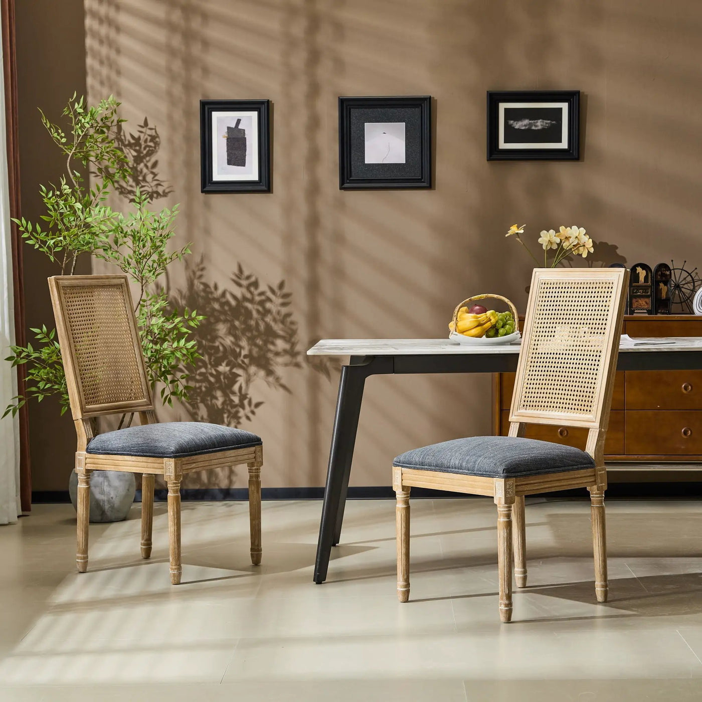 French Country Dining Chair With Rectangular Cane Backrest And Smooth Upholstered Seating by HouseOfZazla