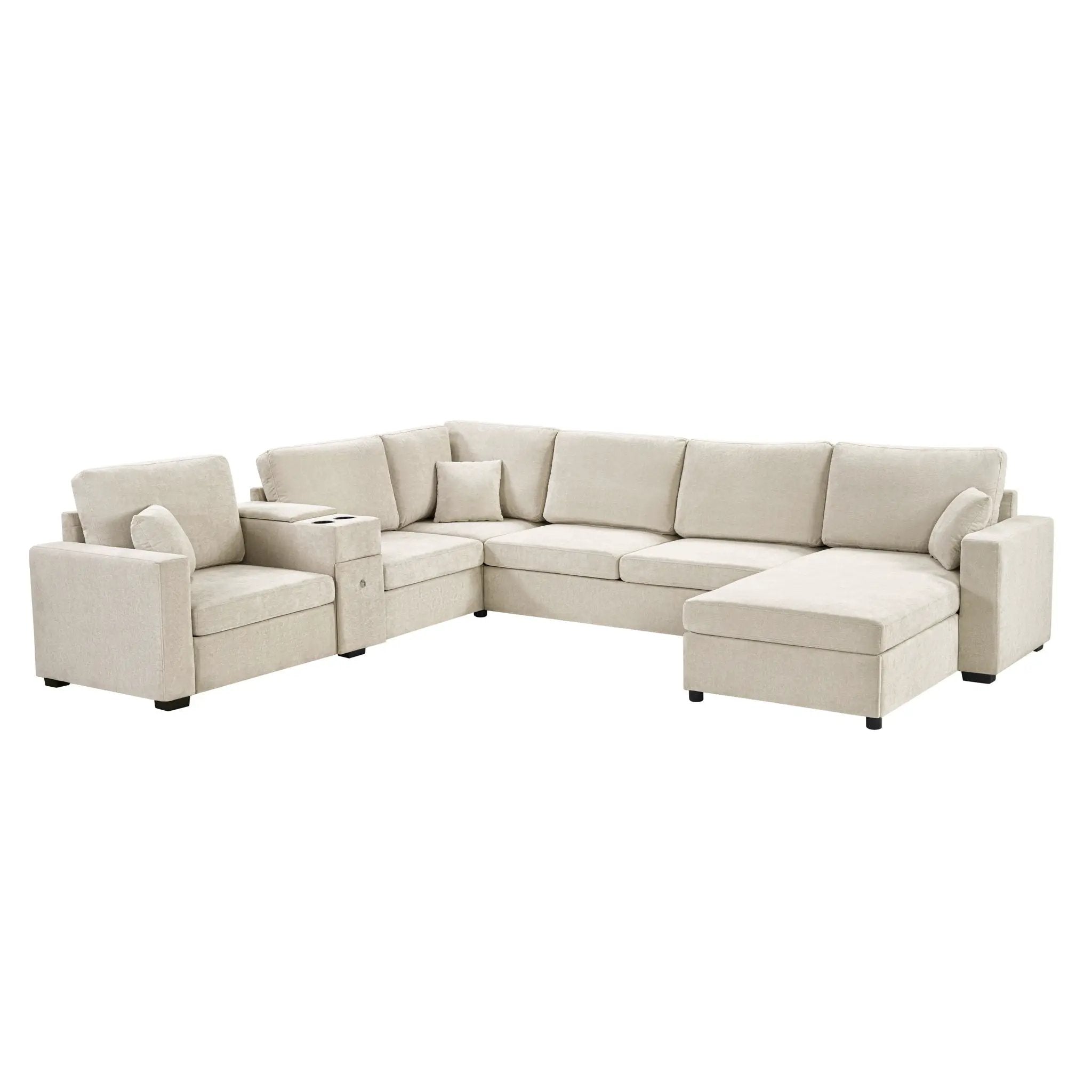 Modular 5 Seat U-Shape Sectional Sofa With Chaise Lounge, Built In Cup Holders And Storage Drawer by HouseOfZazla