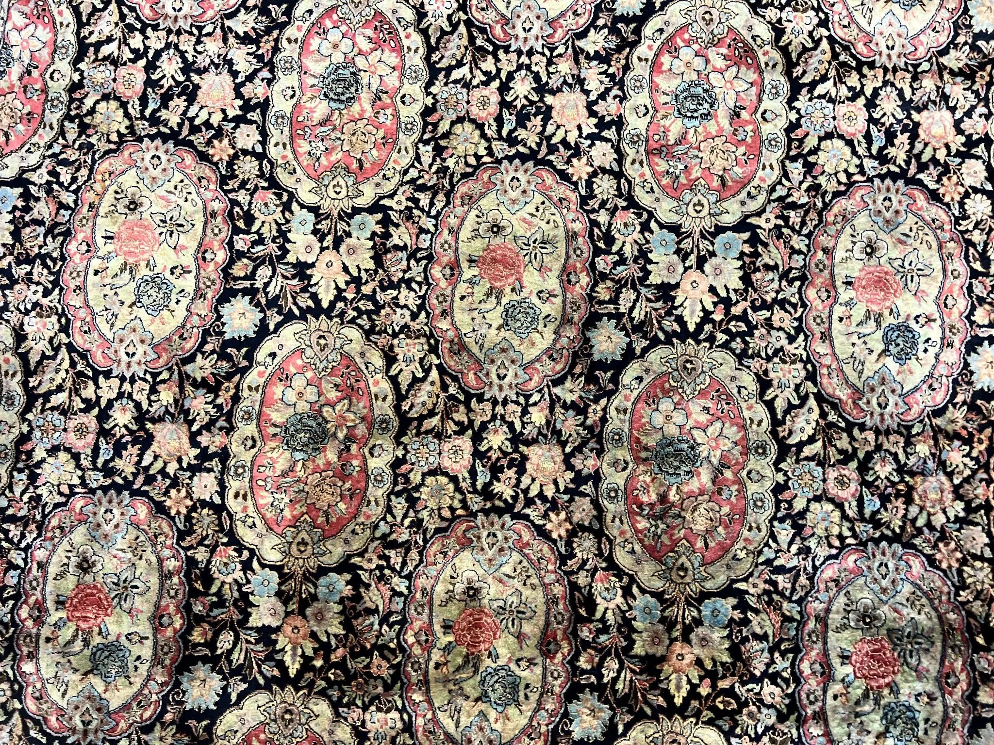 Sino Persian Rug 9x12, Navy Blue and Pink Hand Knotted Wool and Silk Highlights Vintage Oriental Carpet, Handmade Floral Area Rug 9 x 12 ft by Jewel Rugs