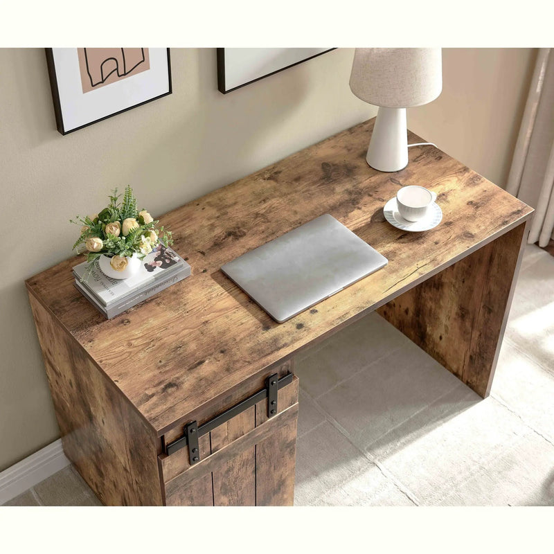 Home Office Desk One Cabinet Three Shelves Faux Barn Door On Metal Euro Hinges Modesty Panel - Distressed Wood by Unique Piece Furniture