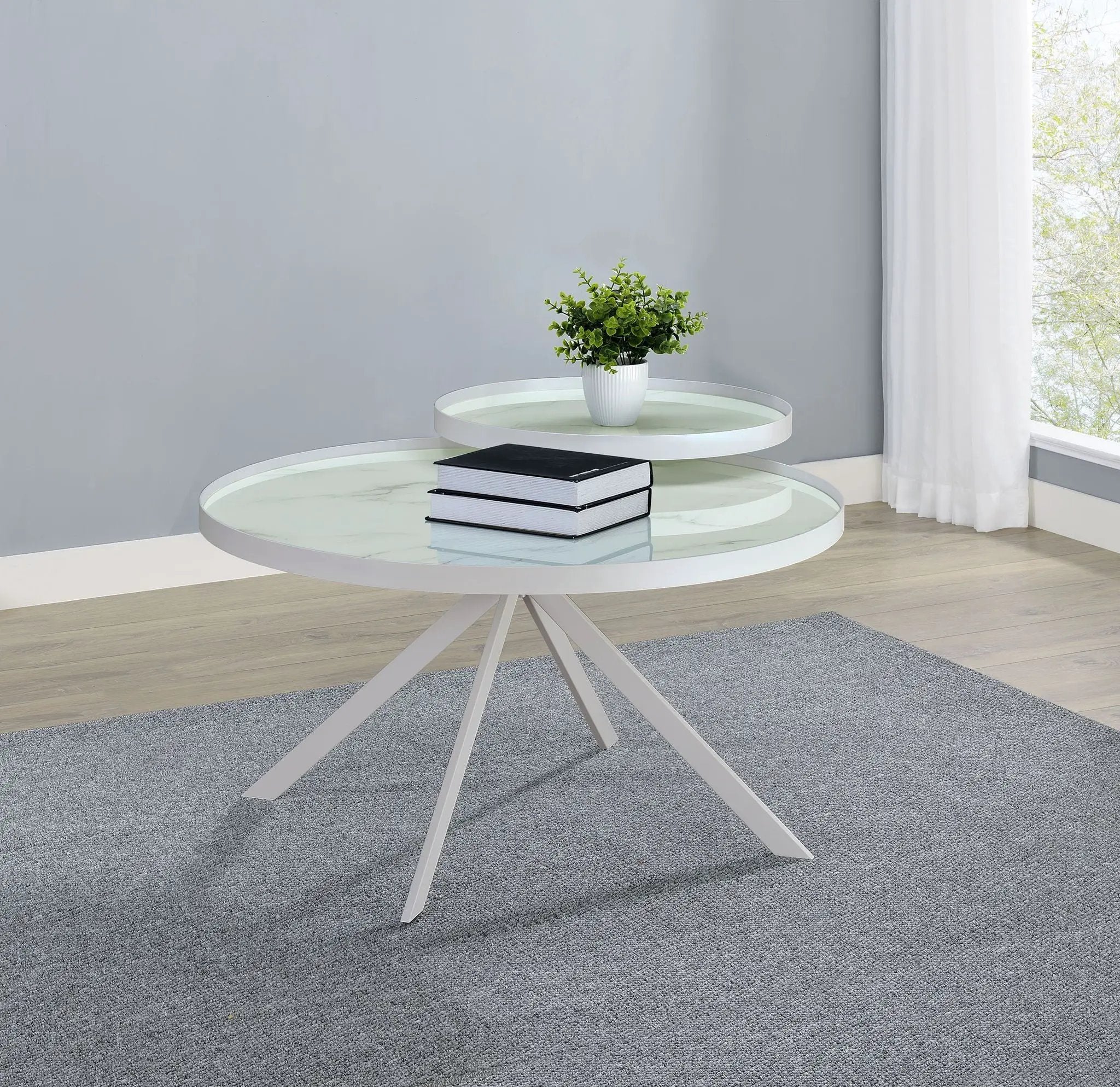Briggs Round Marble Printed Glass Top Coffee Table White by Unique Piece Furniture
