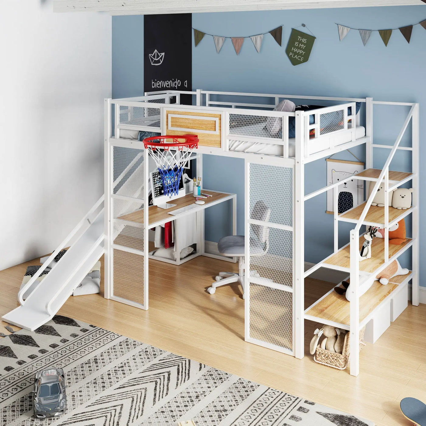 Loft Bed With Built In Desk, Open Wardrobe, Basketball Hoop, Slide And Staircase by HouseOfZazla