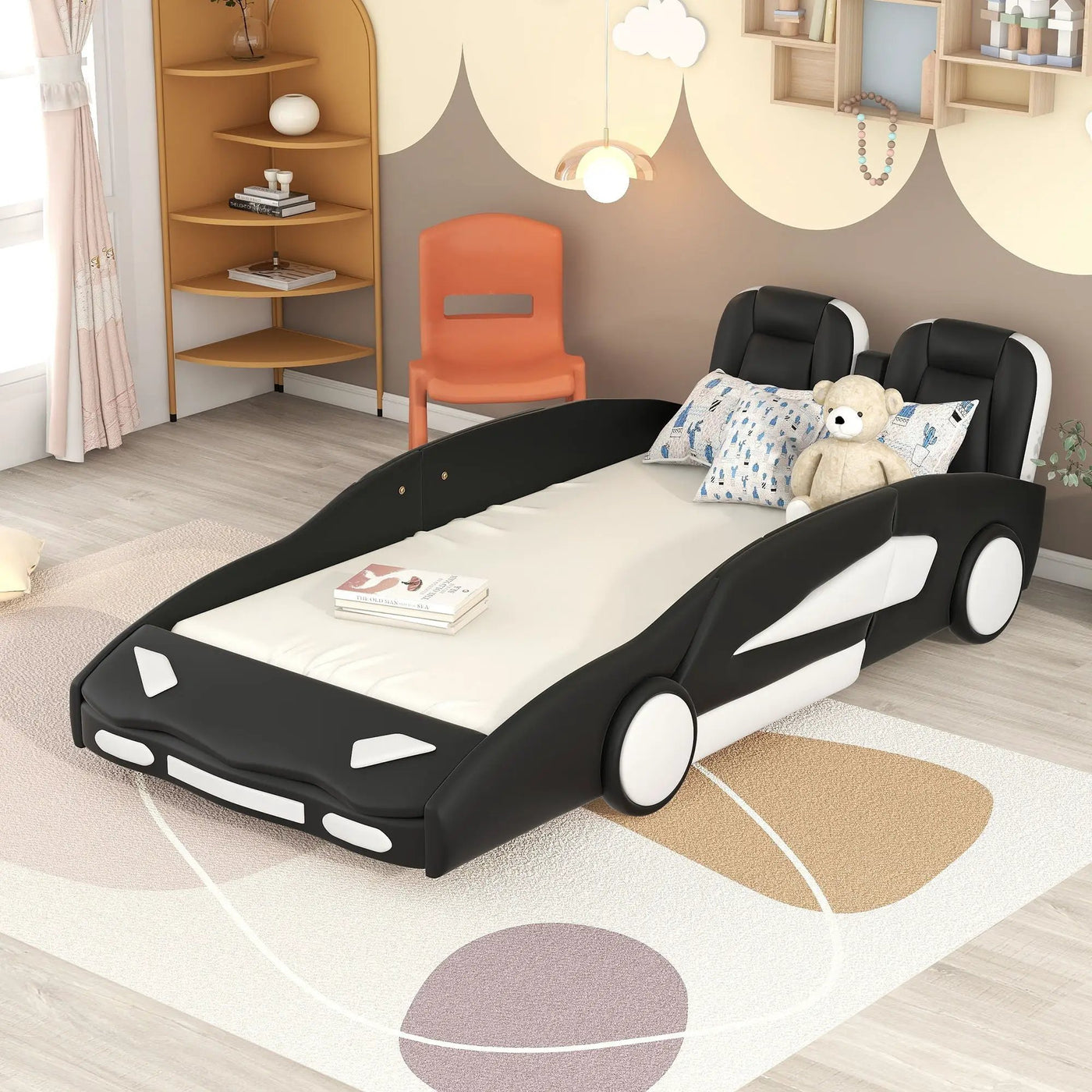 Race Car Shaped Twin Platform Bed With Wheels, Pine Wood Construction by HouseOfZazla