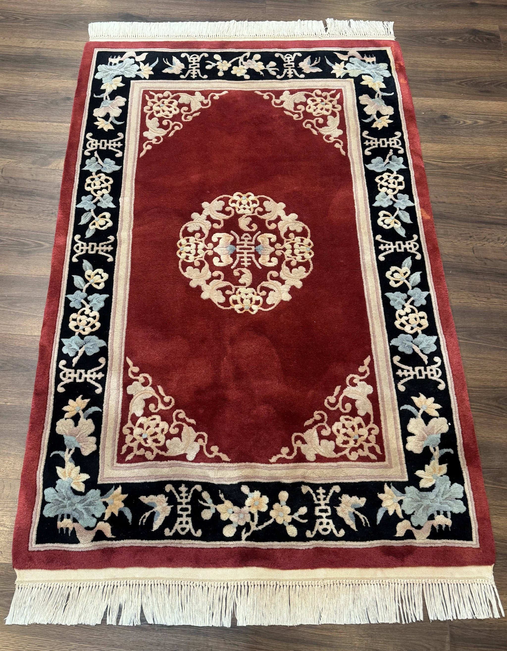 Dark Red Chinese Wool Rug 4x6, Chinese 90 Line Rug, Carving Rug, Handmade, Pair B by Jewel Rugs