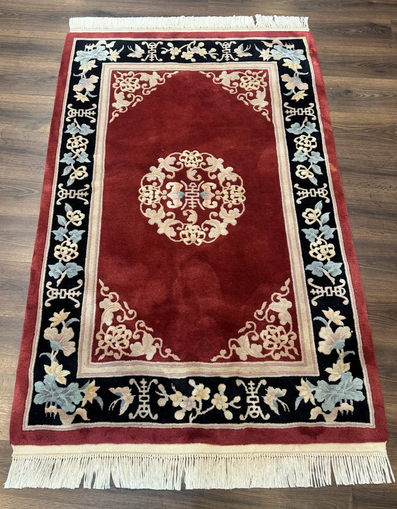Dark Red Chinese Wool Rug 4x6, Chinese 90 Line Rug, Carving Rug, Handmade, Pair B by Jewel Rugs