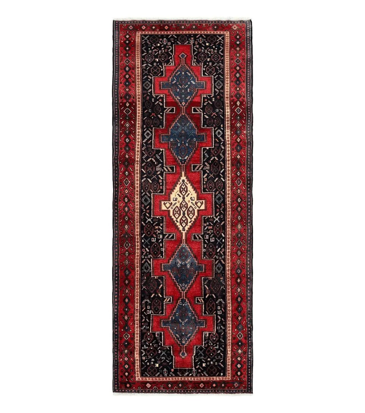 Persian Kurdish Senneh Runner Rug 3x9, Red Navy Blue, Medallions Wool Tribal Runner for Kitchen/Hallway 9ft Antique Handmade Oriental Runner by Jewel Rugs