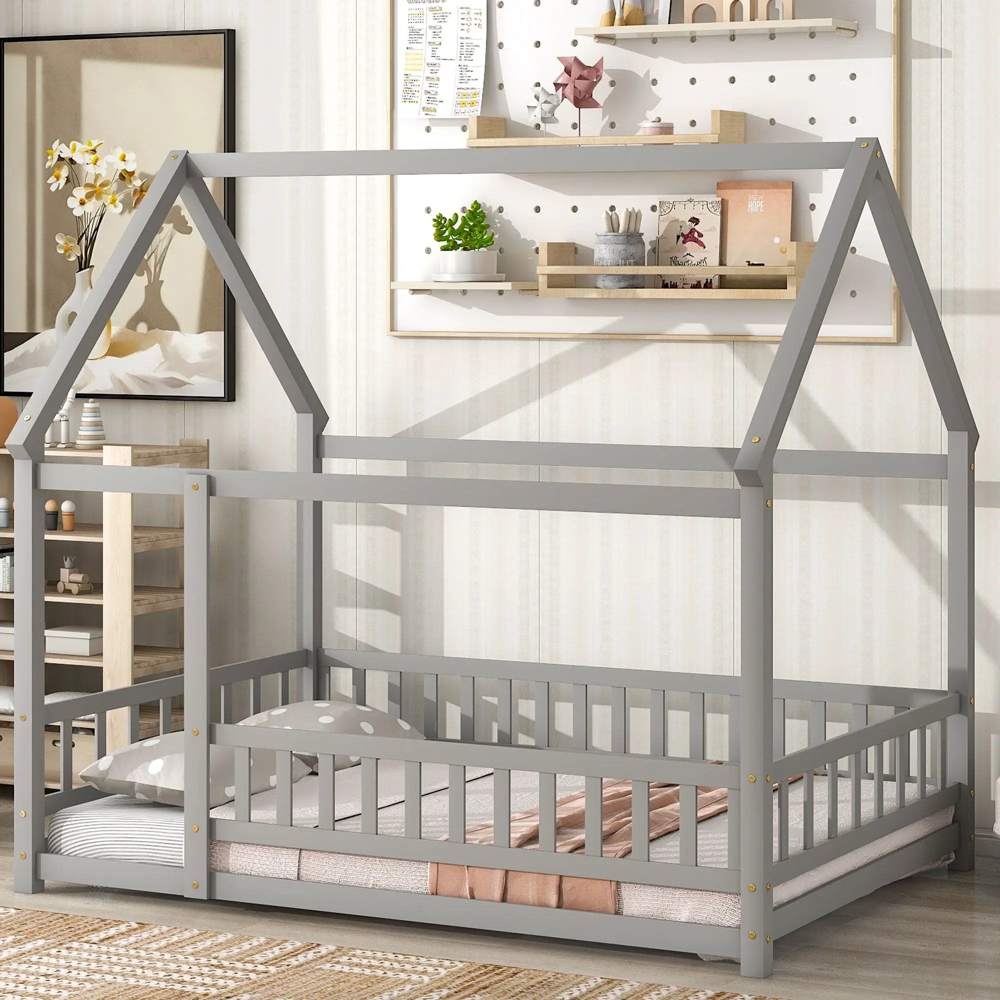 Floor Wooden Bed With House Roof Frame, Fence Guardrails by Unique Piece Furniture
