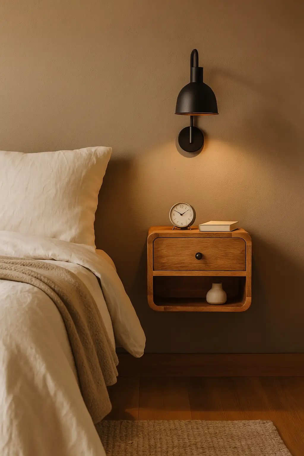 Solid Wood Mini Oak-ish Floating Open Bedside, 1-Drawer by HouseOfZazla