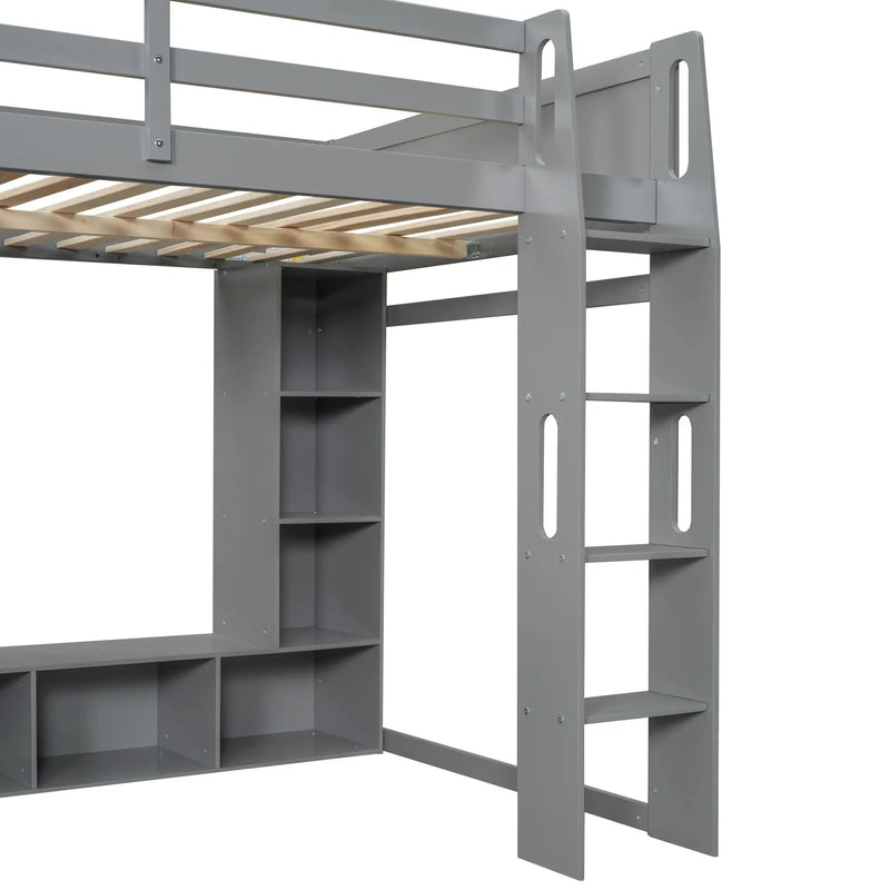 Gaming Loft Bed With Desk, Multi Storage Shelves, LED Lighting, And Hanging Clothes Rack by HouseOfZazla