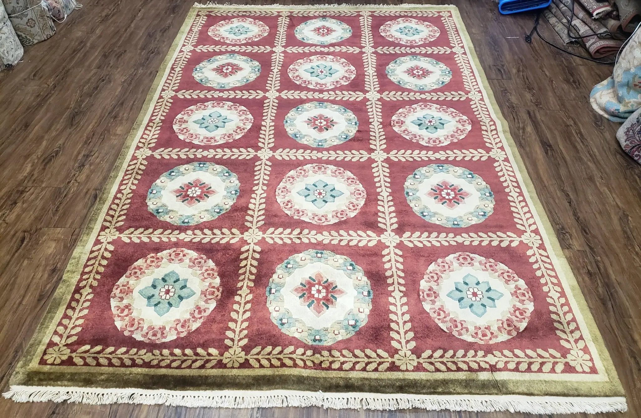Nepalese Aubusson Panel Rug 6x9, Red & Ivory Soft Plush Tibetan Pile Rug, Wool Hand-Knotted Carpet, 6 x 9 Elegant Area Rug, Office Room Rug by Jewel Rugs