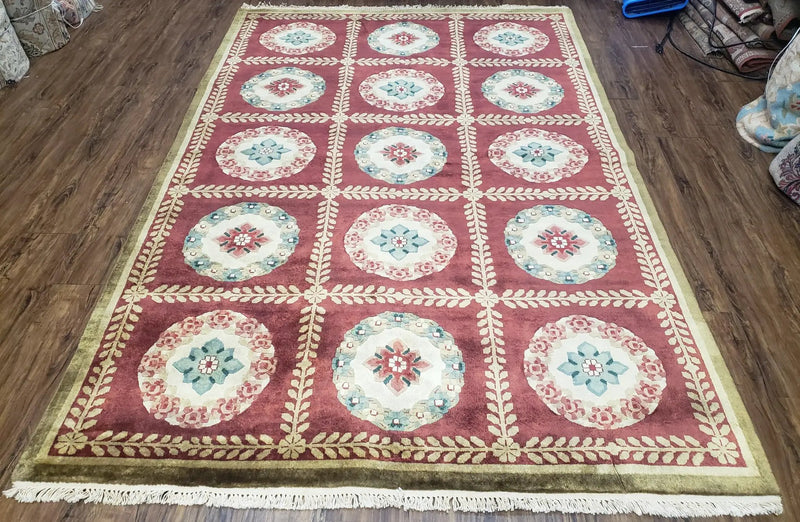 Nepalese Aubusson Panel Rug 6x9, Red & Ivory Soft Plush Tibetan Pile Rug, Wool Hand-Knotted Carpet, 6 x 9 Elegant Area Rug, Office Room Rug by Jewel Rugs