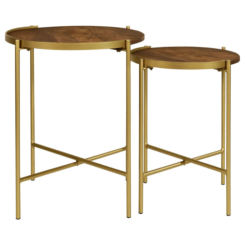 Malka 2-piece Round Wood Nesting Table Dark Brown and Gold by Unique Piece Furniture