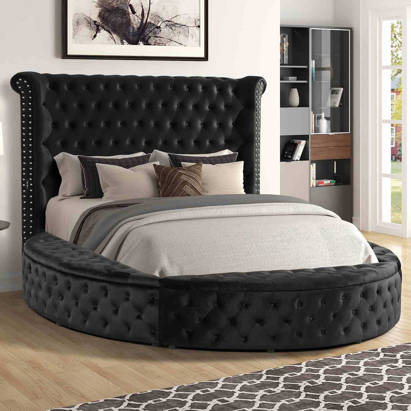 Glam Button Tufted Wingback Round Bed With Storage And USB Ports by HouseOfZazla