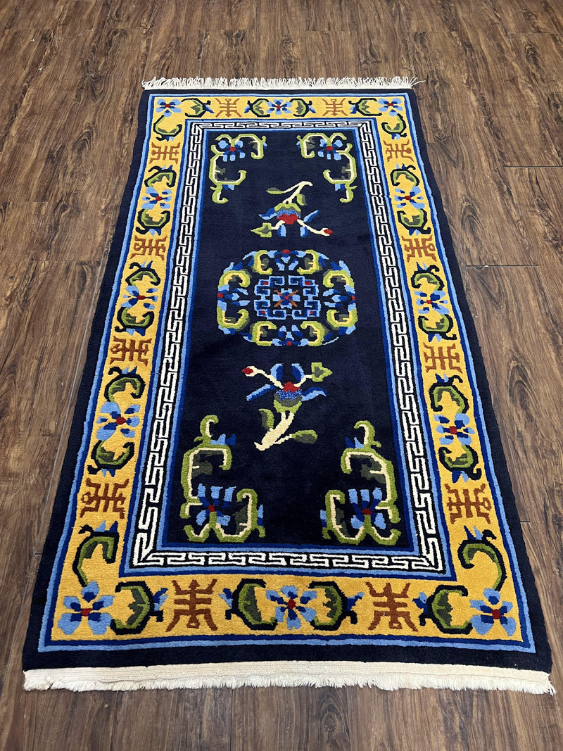 Chinese Art Deco Rug 3 x 5.9, Handmade Chinese Peking Carpet, Dark Blue and Gold, Medallion, Asian Oriental 3x6 Hand Knotted Vintage Rug by Jewel Rugs