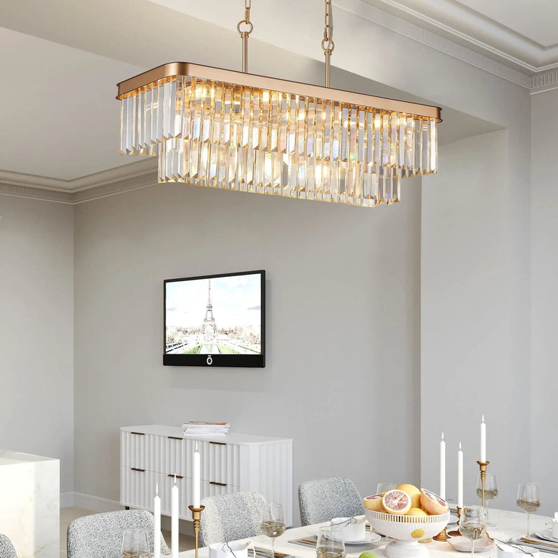 Rectangular Crystal Chandelier Adjustable Gold Iron Ceiling Light by HouseOfZazla
