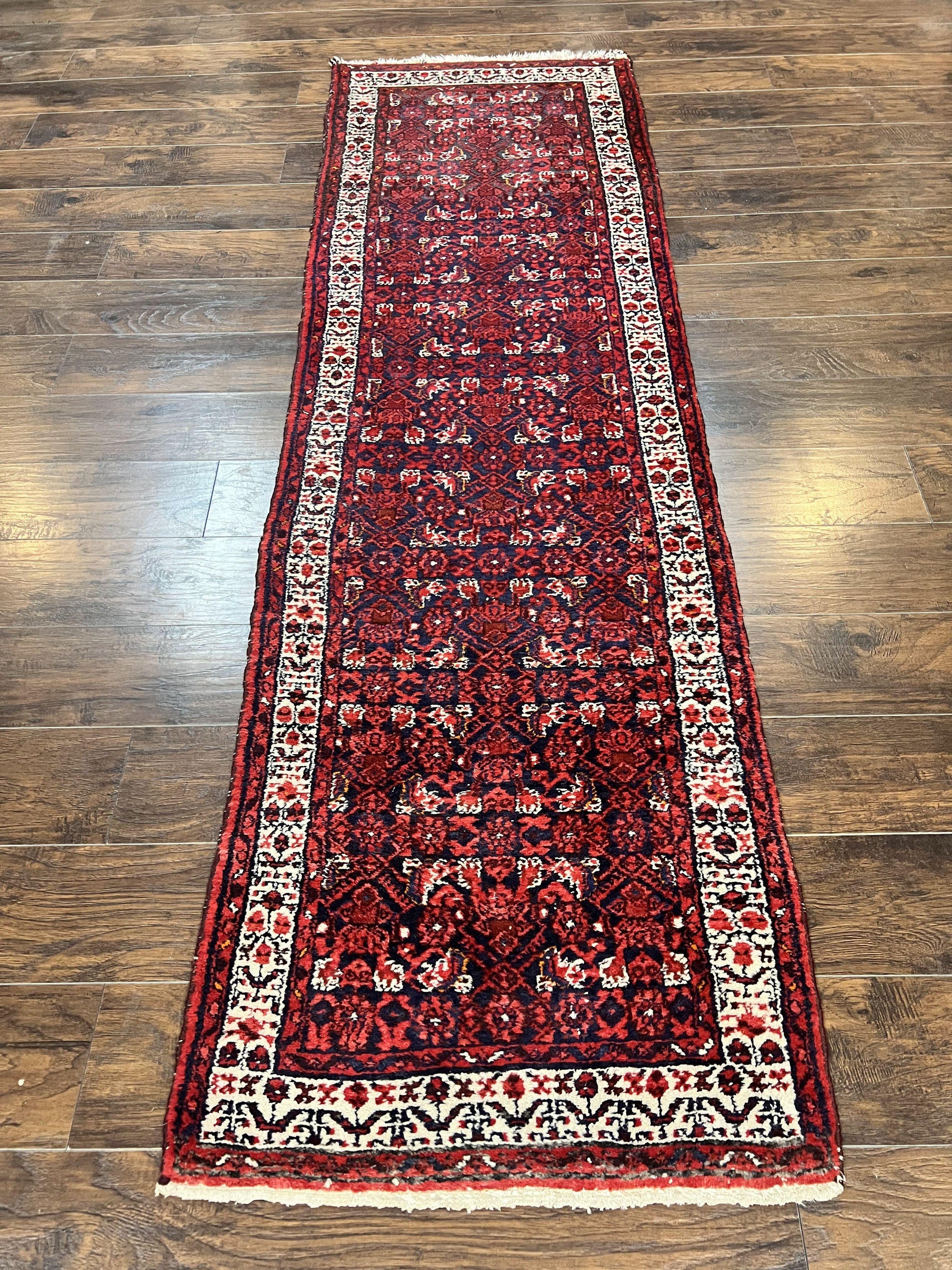 Persian Tribal Runner 3 x 9, Hamadan Dargazin Rug, Dark Blue and Red Wool Hand Knotted Hallway Rug, Vintage Antique Oriental Runner, 9ft Long Runner, Herati by Jewel Rugs