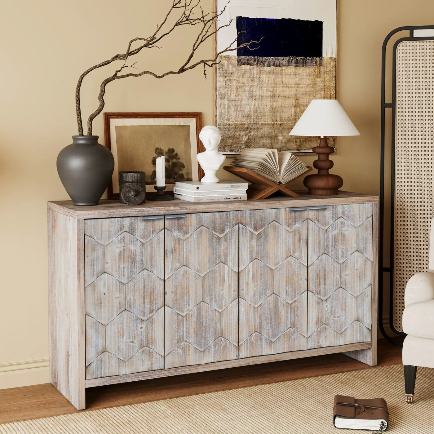 Accent Cabinet Farmhouse Style 4 Door Wooden Cabinet Sideboard Buffet Server Cabinet Storage Cabinet, For Living Room, Entryway, Hallway, Office, Kitchen And Dining Room by HouseOfZazla