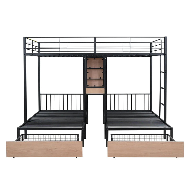 Triple Bunk Bed With Drawers, Multi-Functional Frame With Desks And Shelves In The Middle by HouseOfZazla