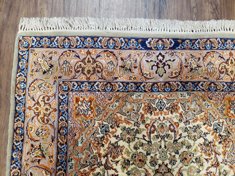 Vintage Persian Isfahan Lachak Toranj Rug, Highly Detailed, Kork Wool on Silk Foundation, Beige and Dark Blue, Hand-Knotted, 3'6" x 5' 4" by Jewel Rugs
