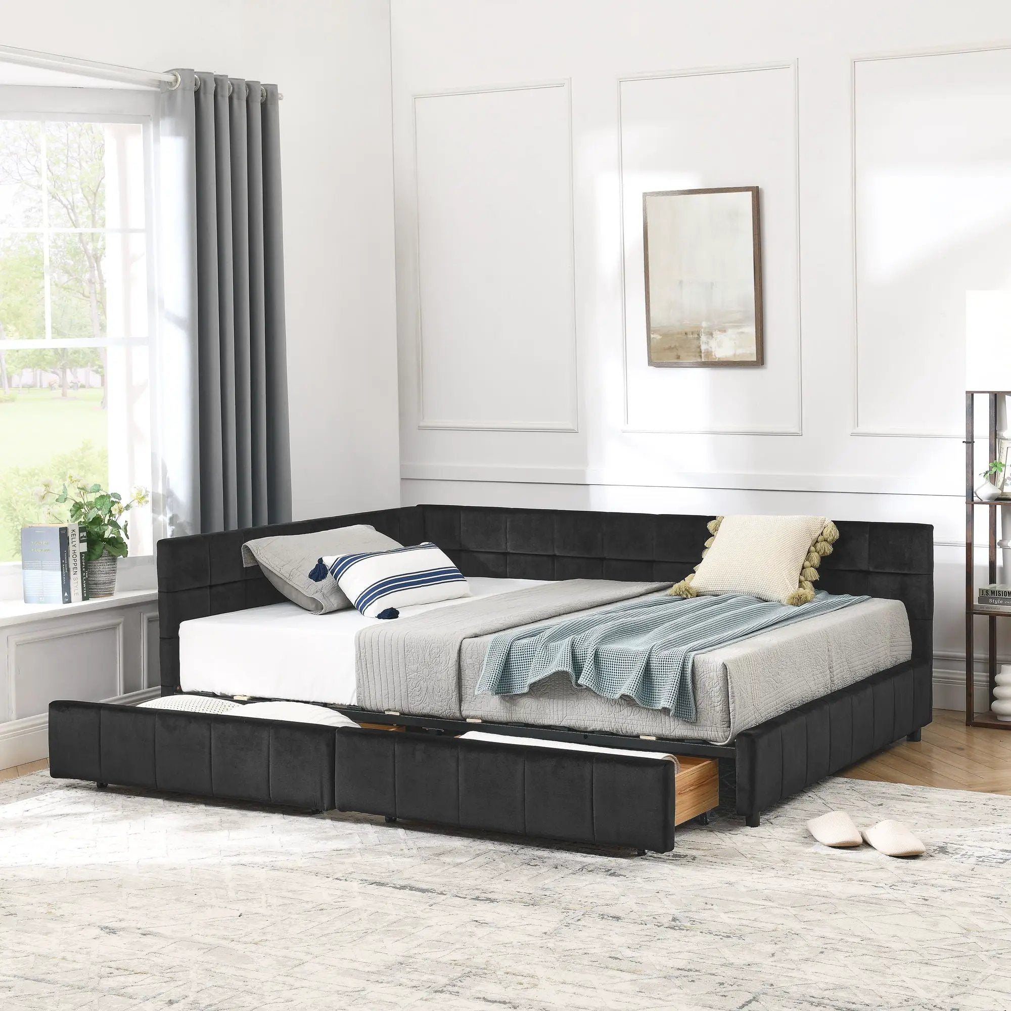 Mid-Century Storage Upholstered Tufted Bed Frame With Backrest And Armrests by Unique Piece Furniture