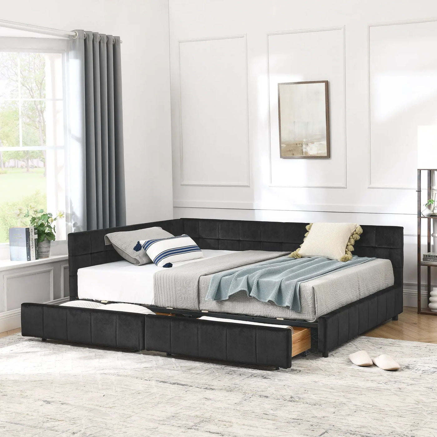Mid-Century Storage Upholstered Tufted Bed Frame With Backrest And Armrests by HouseOfZazla