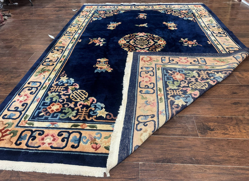 Chinese Wool Rug 8x11, Navy Blue and Beige, Simple Design, Fete Carpet by Jewel Rugs