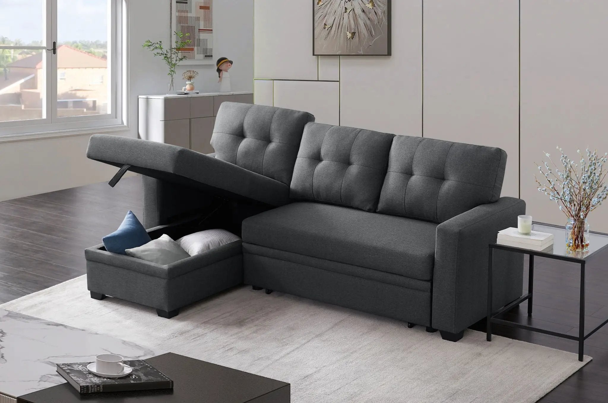 Upholstered Pull Out Sectional Sofa With Chaise by Unique Piece Furniture