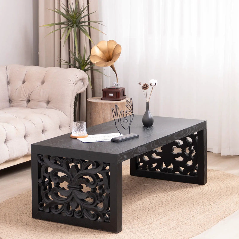 Rustic Carved Wood Coffee Table, Handcrafted Look With Ornate Side Panels by Unique Piece Furniture