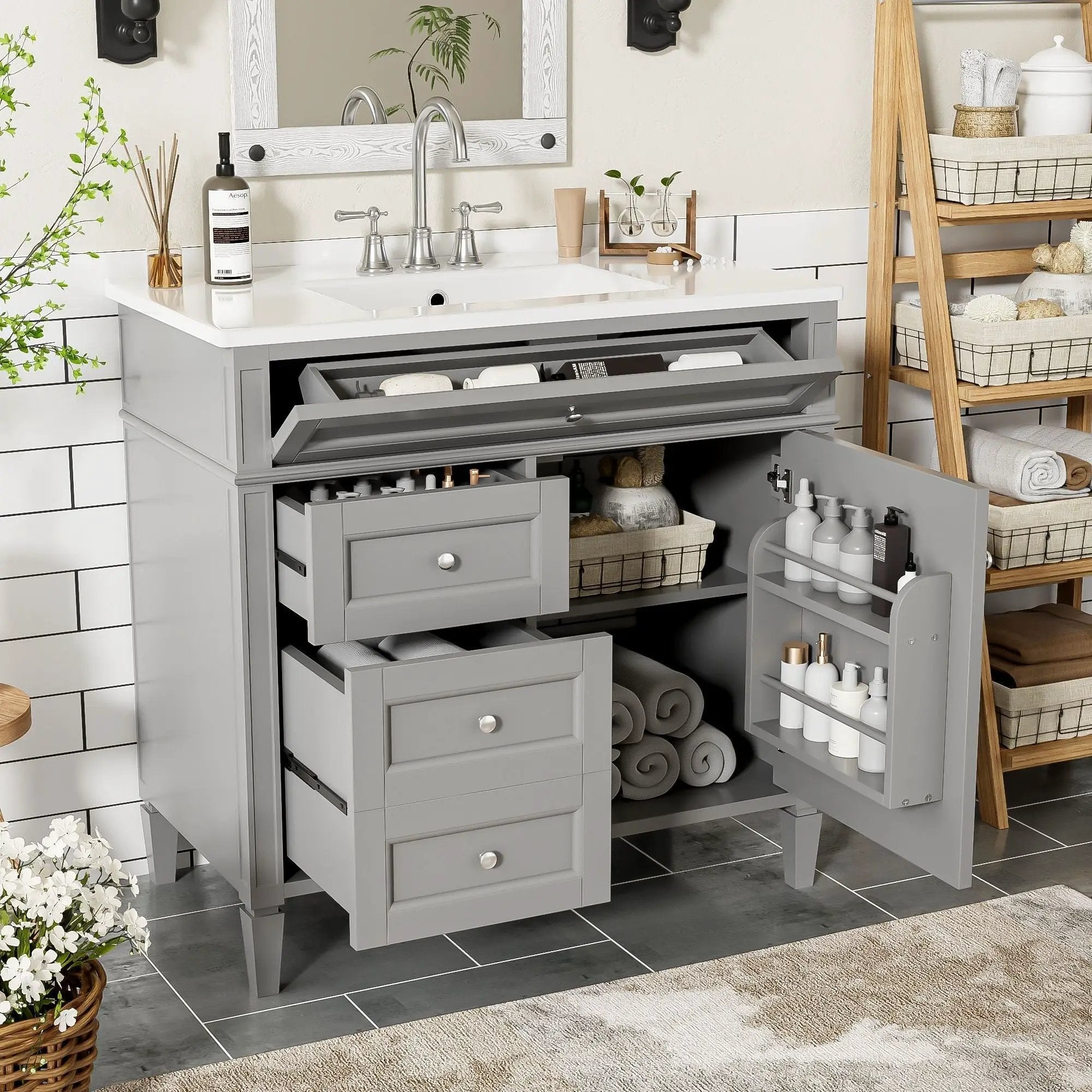 Bathroom Vanity With Top Sink, 2 Drawers And Tip Out Drawer by Unique Piece Furniture