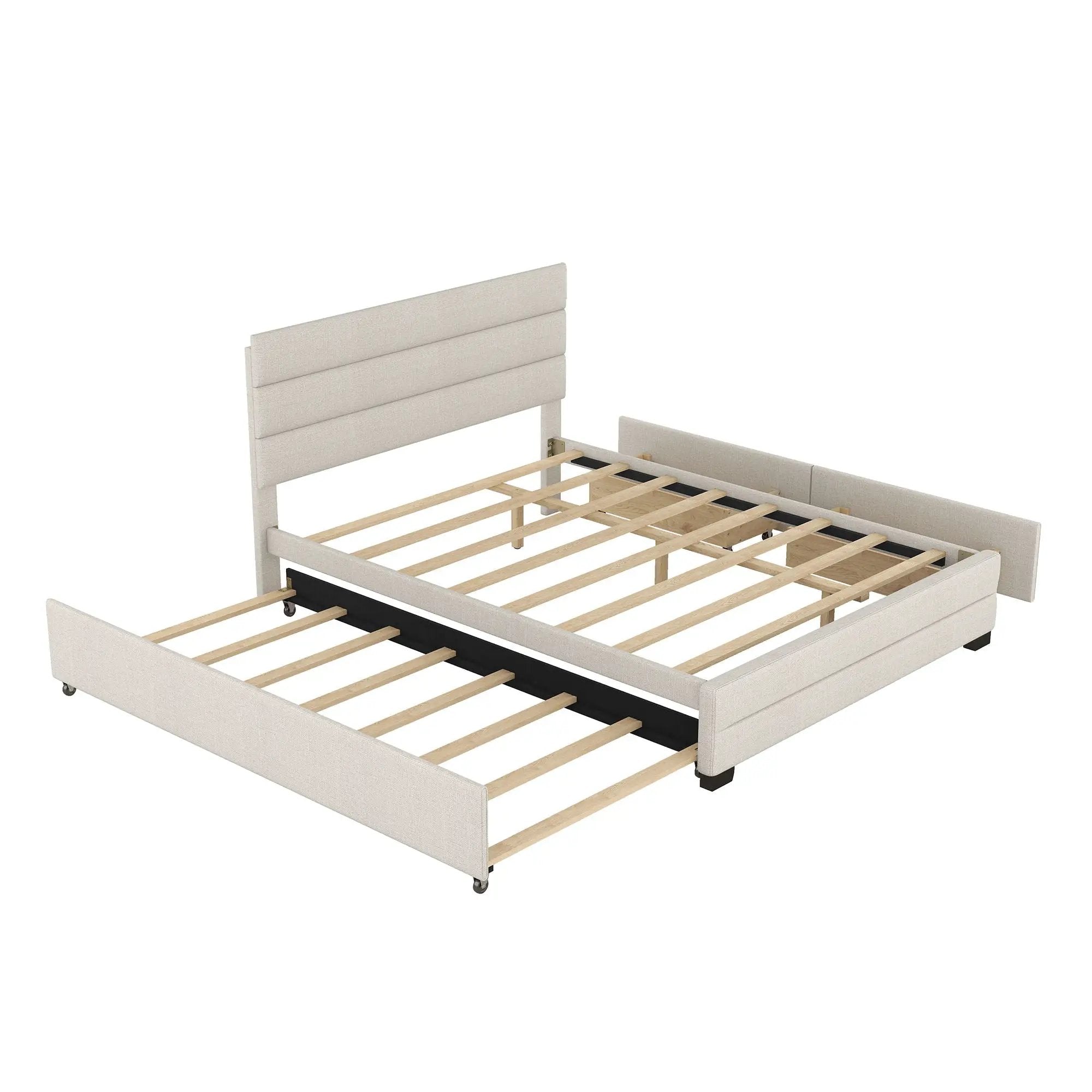 Queen Platform Bed With Twin Trundle And 2 Storage Drawers - Beige by HouseOfZazla