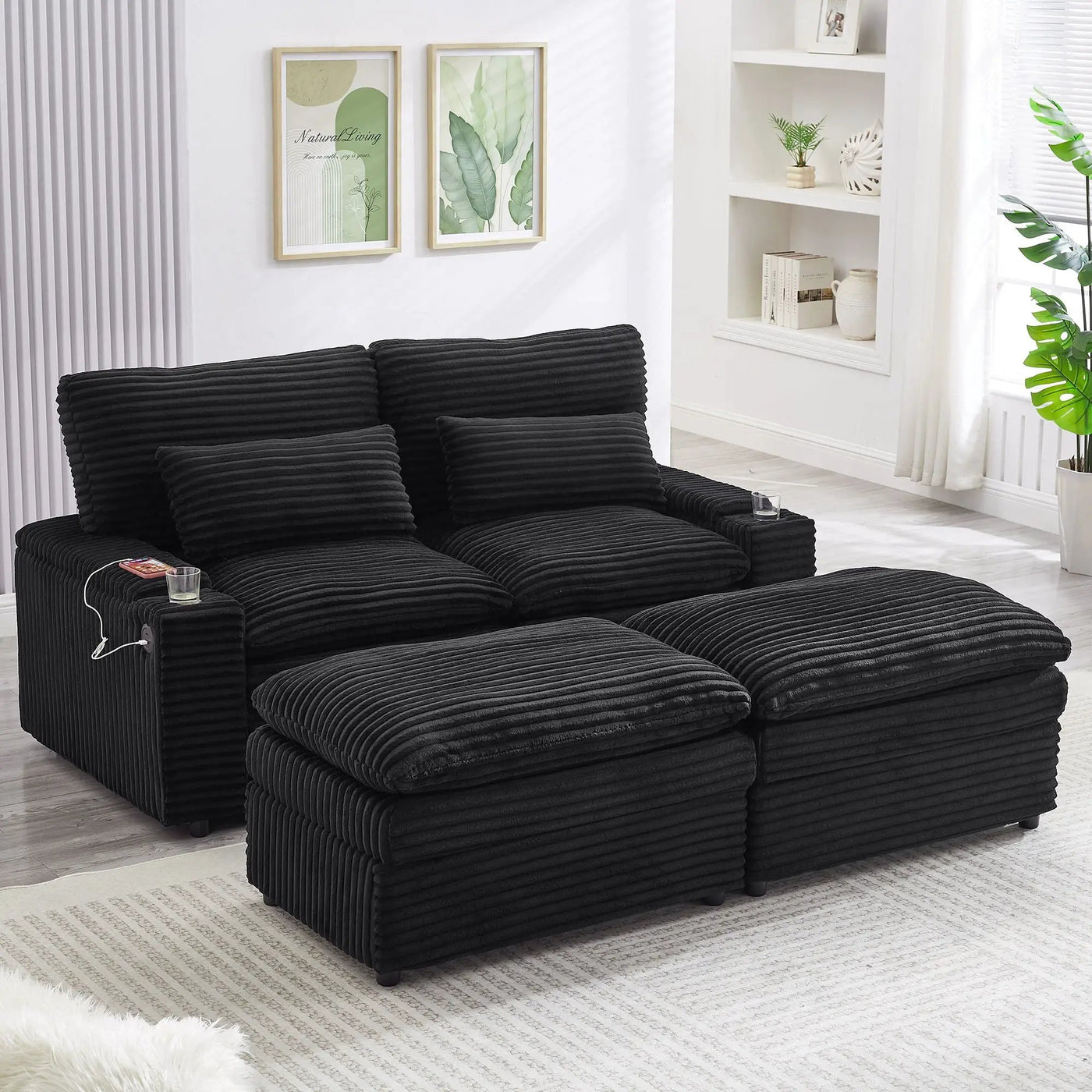 Convertible Loveseat Sofa With Storage, USB Ports, Cup Holders by Unique Piece Furniture