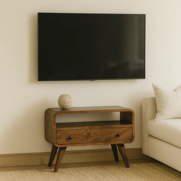 Solid Wood Mini Curved Media Unit, Chestnut, 1-Drawer, 1 Open Slot