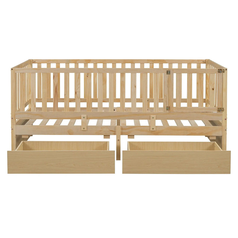 Daybed With Fence Guardrails And 2 Drawers, Split Into Independent Floor Bed & Daybed by HouseOfZazla