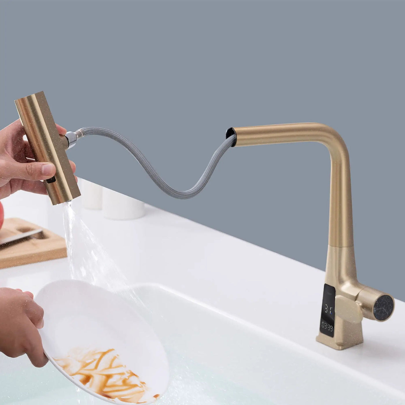 Waterfall Kitchen Faucet With Temperature Display And Pull Down Sprayer by HouseOfZazla