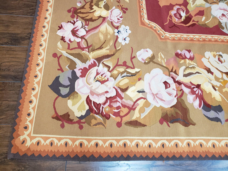 Vintage Chinese Aubusson Savonnerie Flat Pile Rug 9.9 x 14.5 Wool Handwoven Red & Khaki Large Flowers Rug 9x14 - 10x15 Michaelian Kolhberg by Jewel Rugs