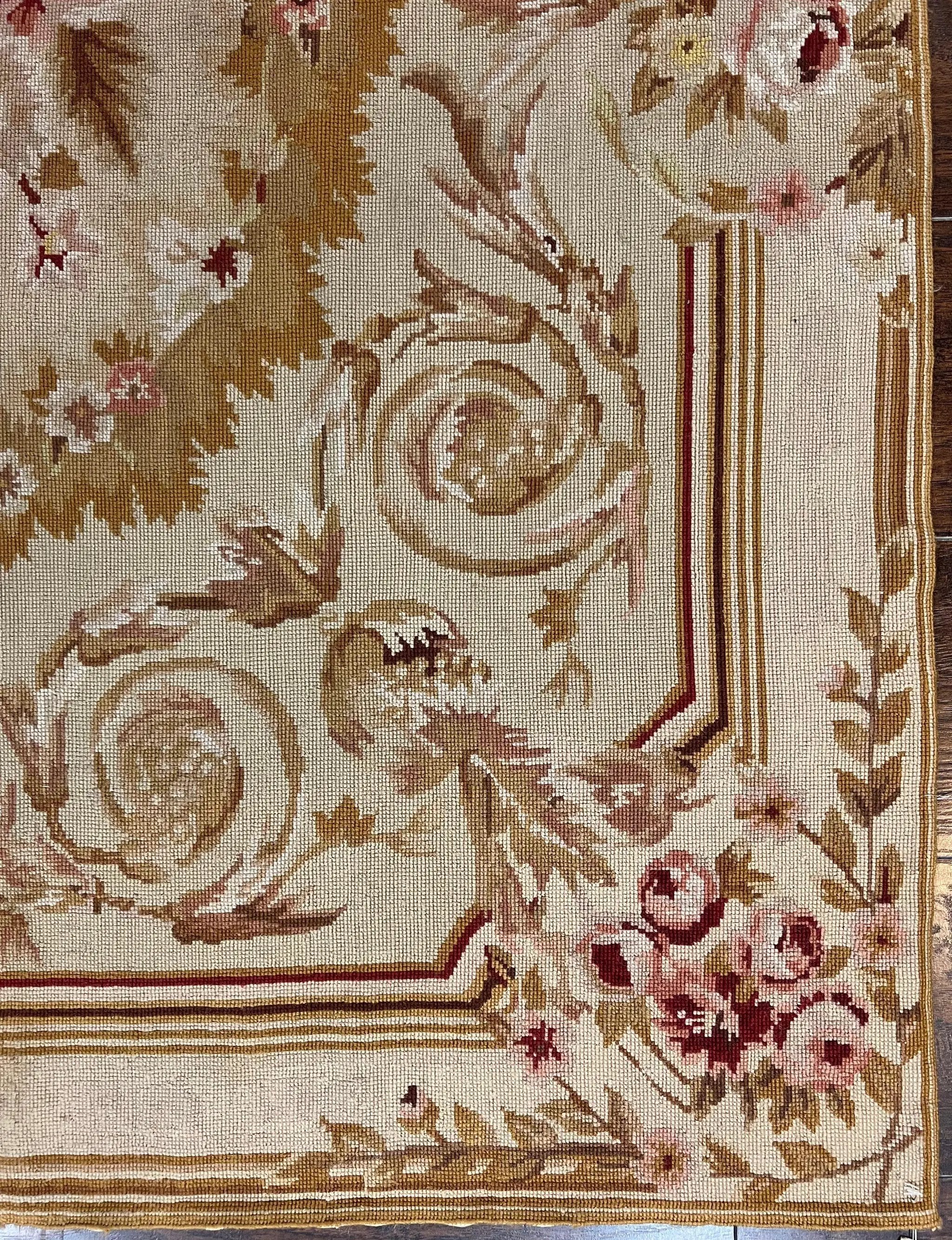 Aubusson Needlepoint Rug 4x5 ft, Beige and Tan, Aubusson Savonnerie Vintage Carpet, Handwoven Handmade Wool Rug, European Design Floral Rose by Jewel Rugs