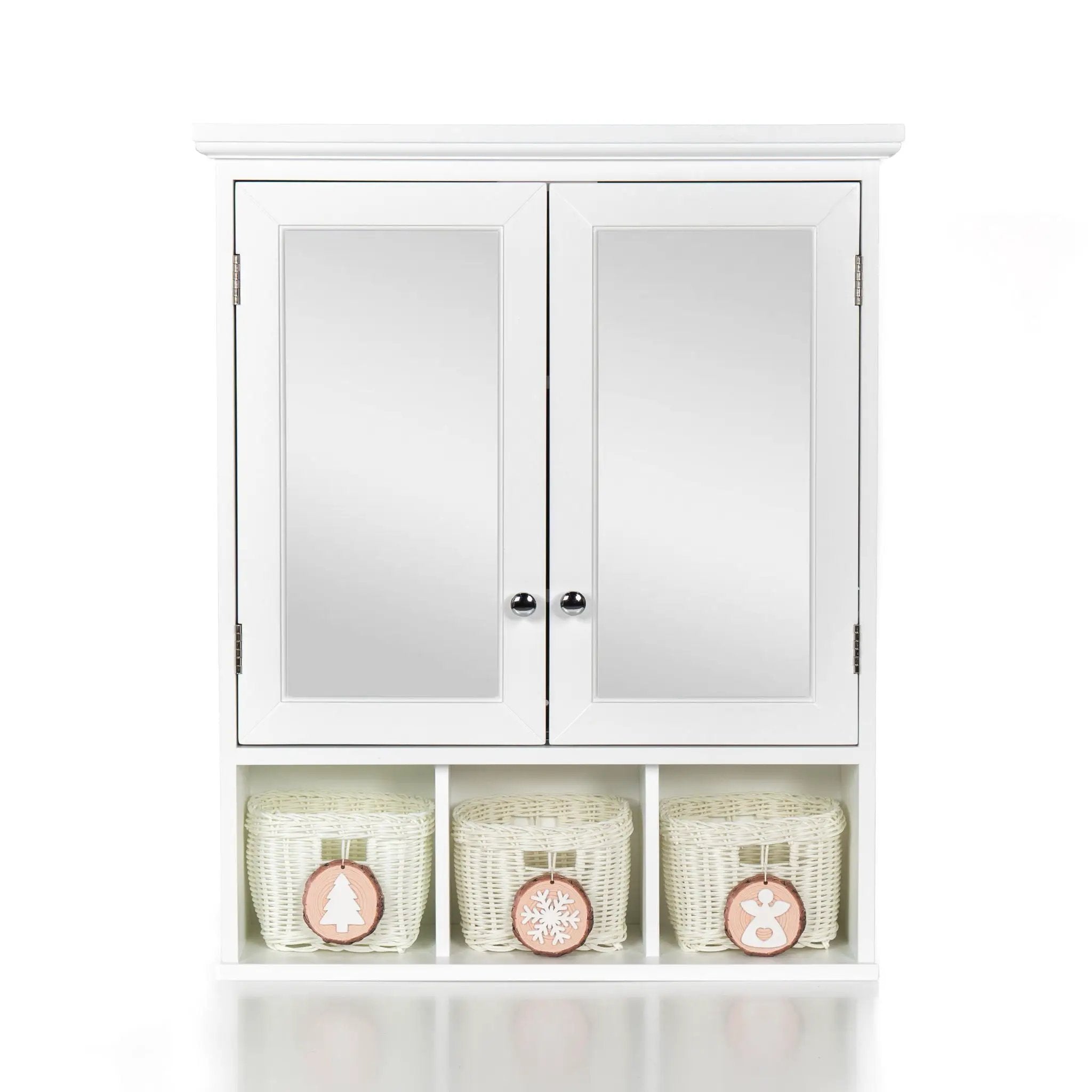 Bathroom Storage Cabinet, Medicine Cabinets For Bathroom With Mirror, 2 Doors 2 Adjustable Shelf & 3 Christmas Style Storage Basket - White by Unique Piece Furniture