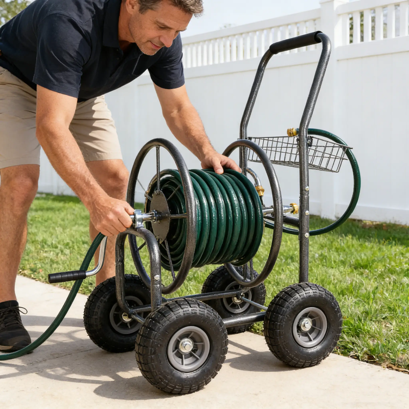 Garden Hose Reel Cart - 4 Wheels Portable with Storage Basket by HouseOfZazla