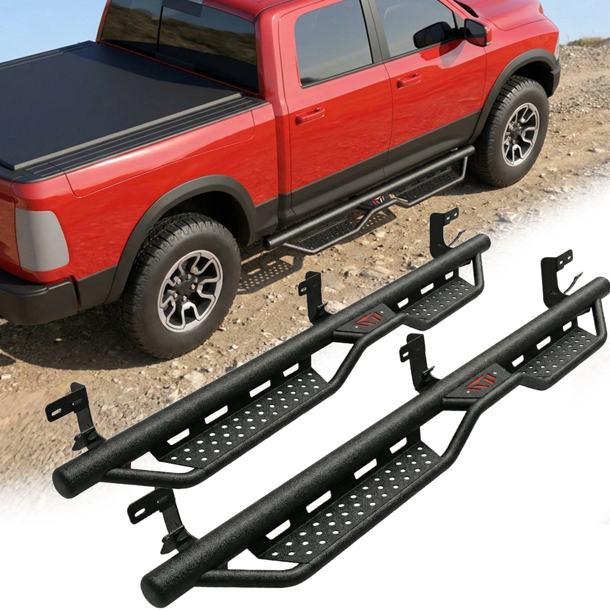 Heavy-Duty Steel Running Boards with Non-Slip Steps - Black
