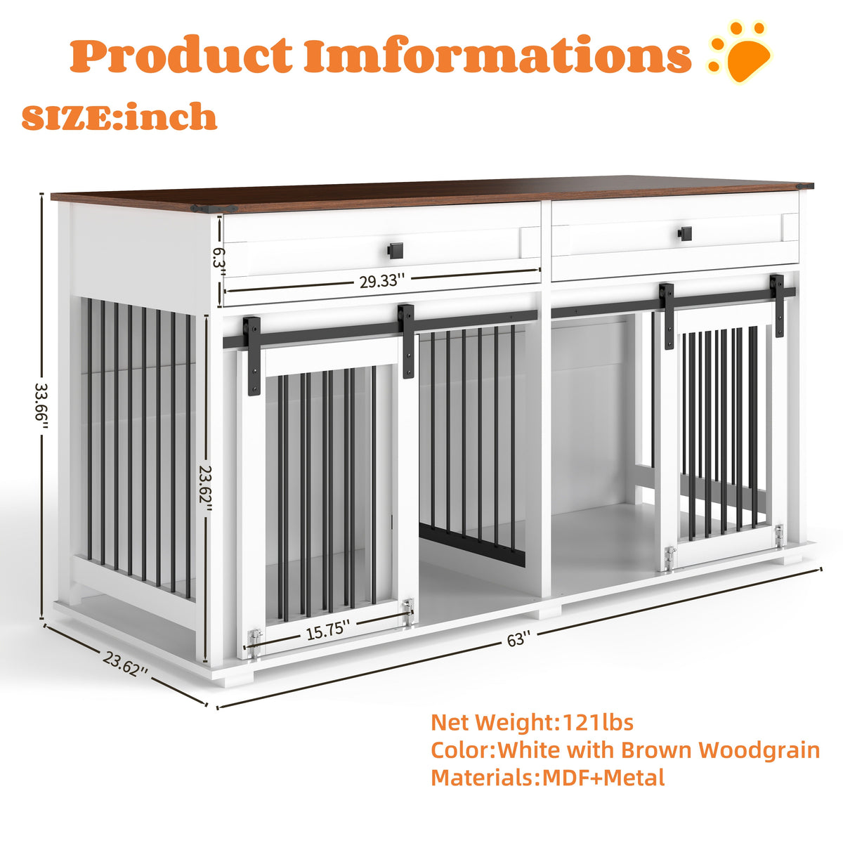 63'' Large Dog Crate Furniture for Double Dog, photo 8 of 10