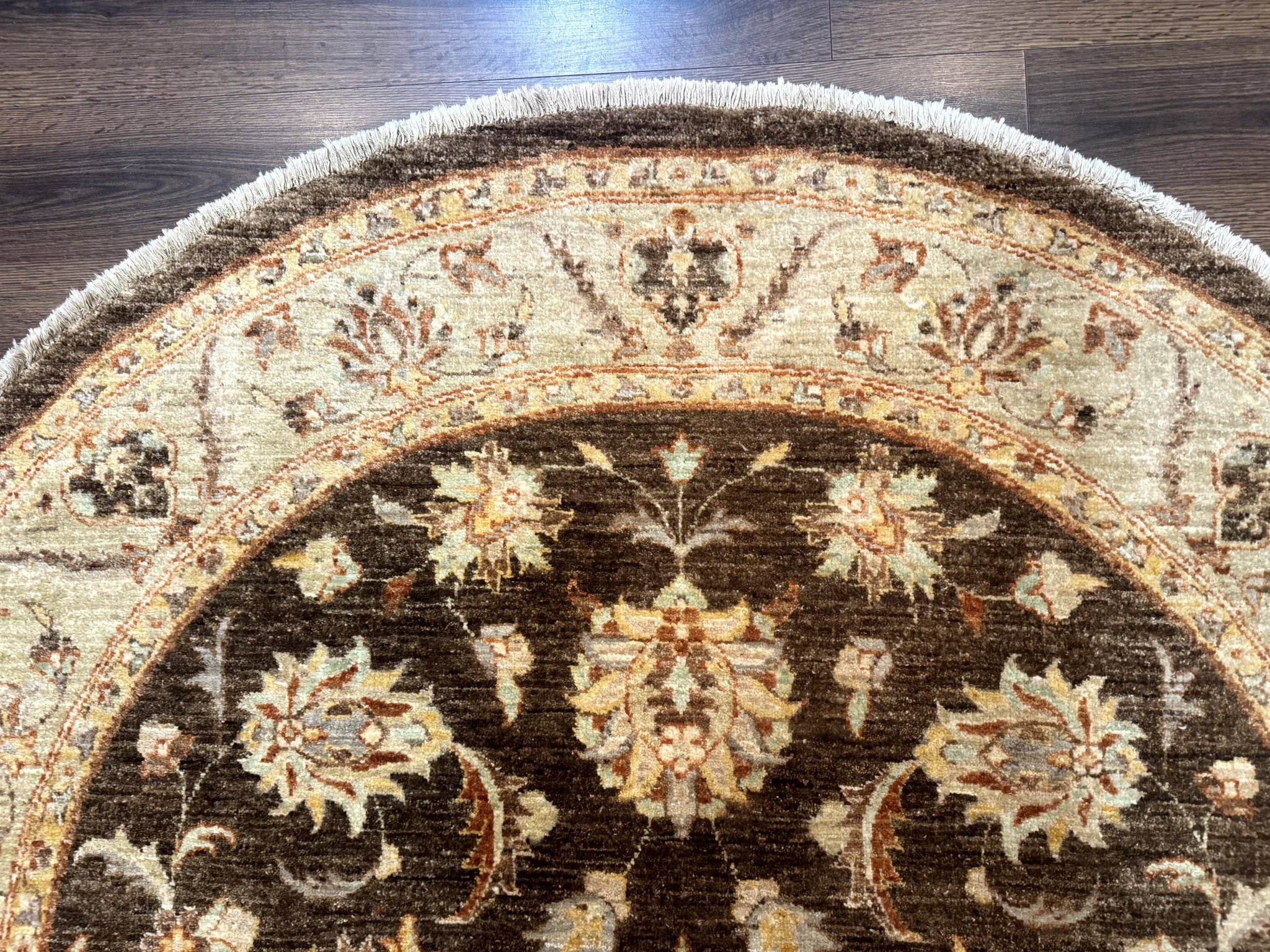 Round Pakistani Rug 6x6, Brown and Beige, Floral, Peshawar Rug, Traditional by Jewel Rugs