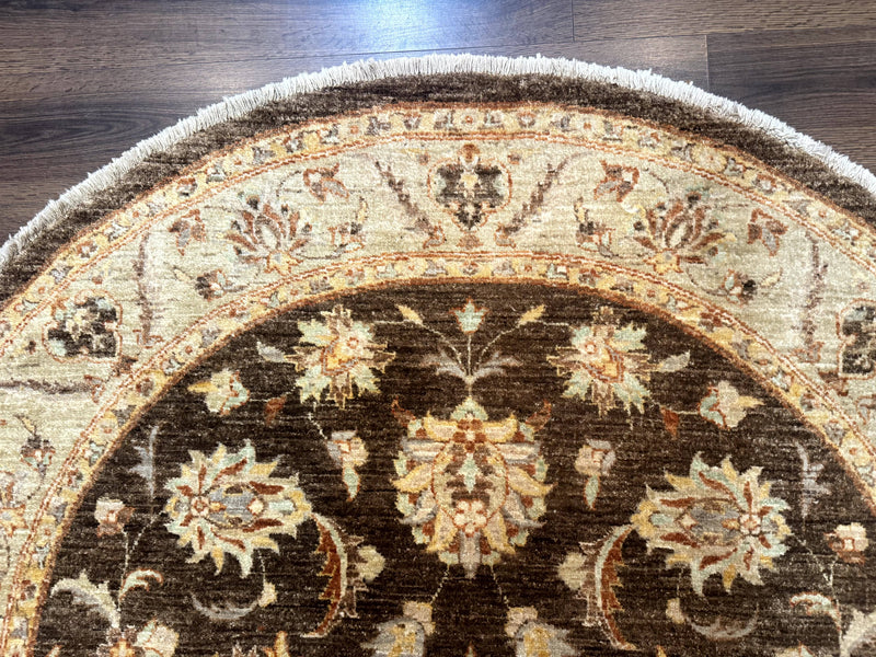 Round Pakistani Rug 6x6, Brown and Beige, Floral, Peshawar Rug, Traditional by Jewel Rugs