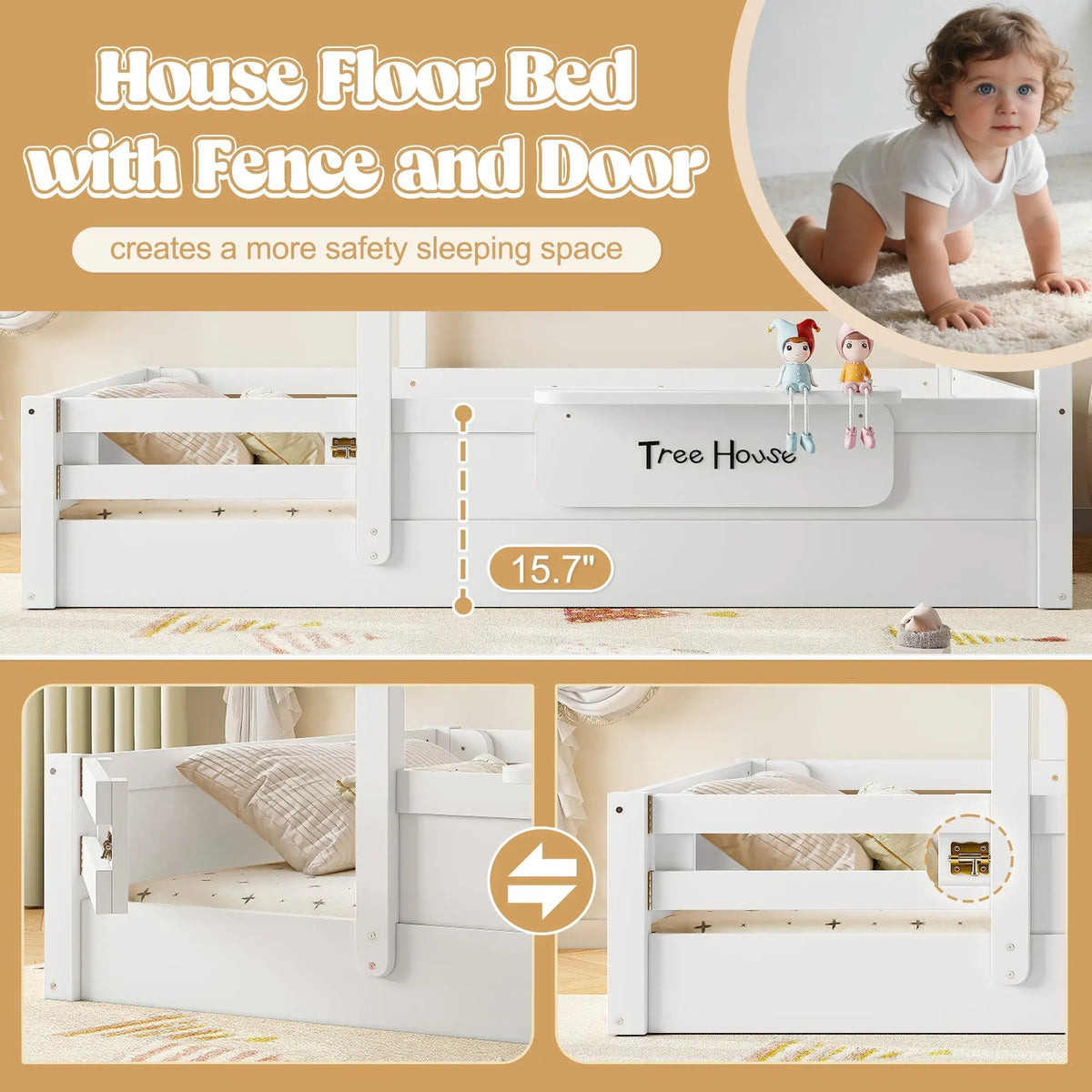 Twin Size Floor Bed with Guardrails and Roof by HouseOfZazla
